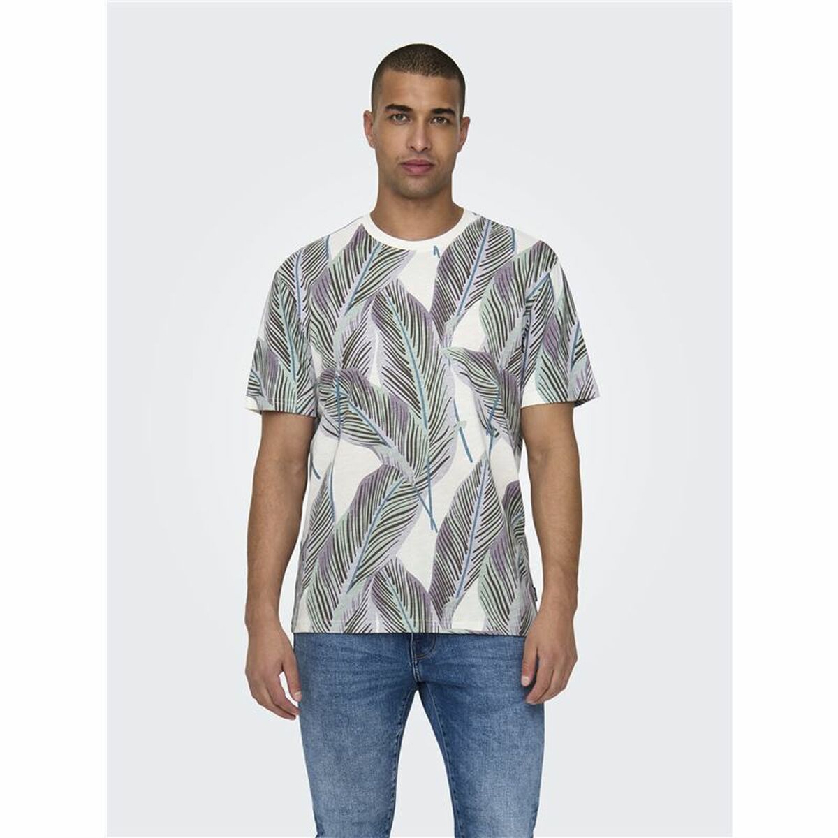 Men’s Short Sleeve T-Shirt Only & Sons Onskobe Reg Banana Leaf Blue White