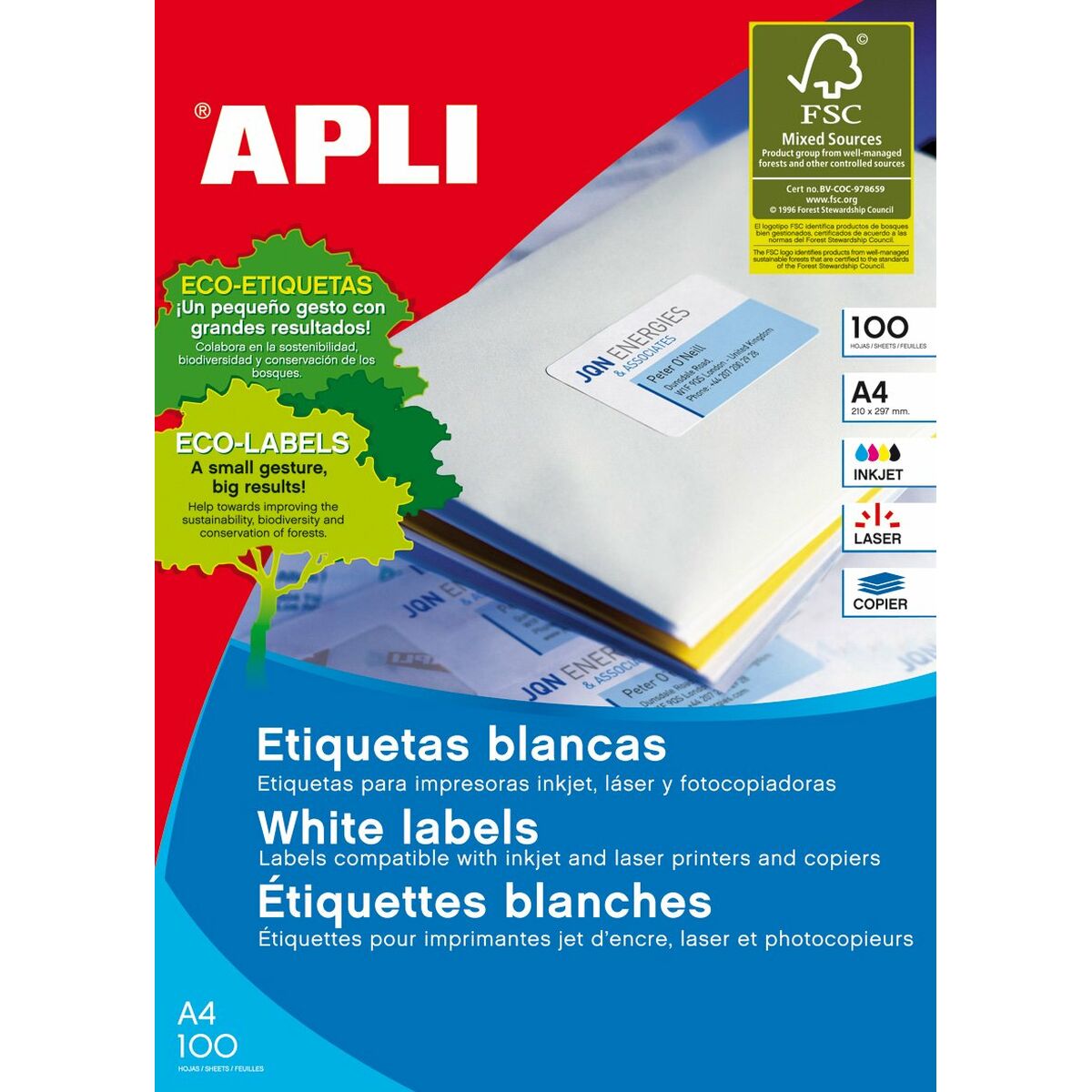 Adhesive labels Apli 1280 100 Sheets 105 x 148 mm White A4