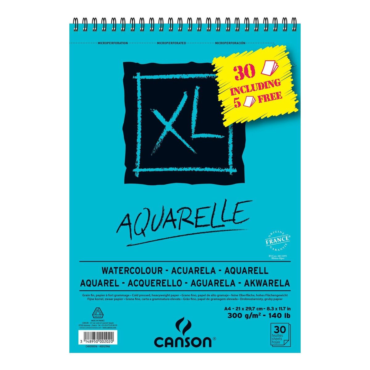 Drawing Pad Canson AQUARELLE XL 21 x 29,7 cm 5 Units 30 Sheets 300 g/m² 210 x 297 mm