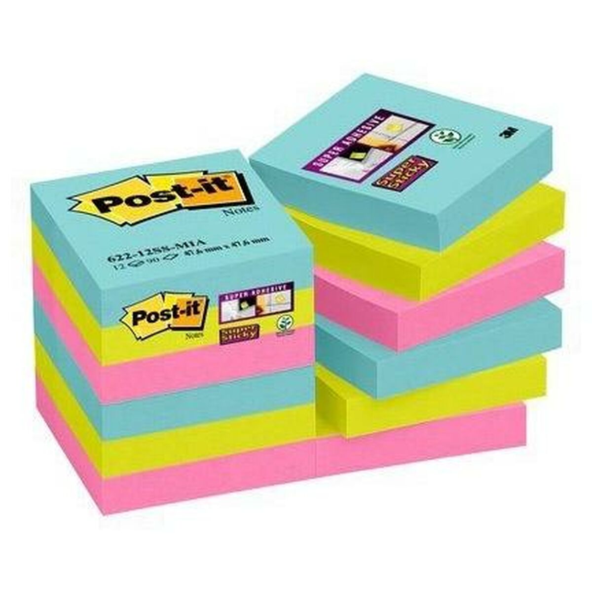 Set of Sticky Notes Post-it Super Sticky Multicolour 12 Pieces 47,6 x 47,6 mm (2 Units)