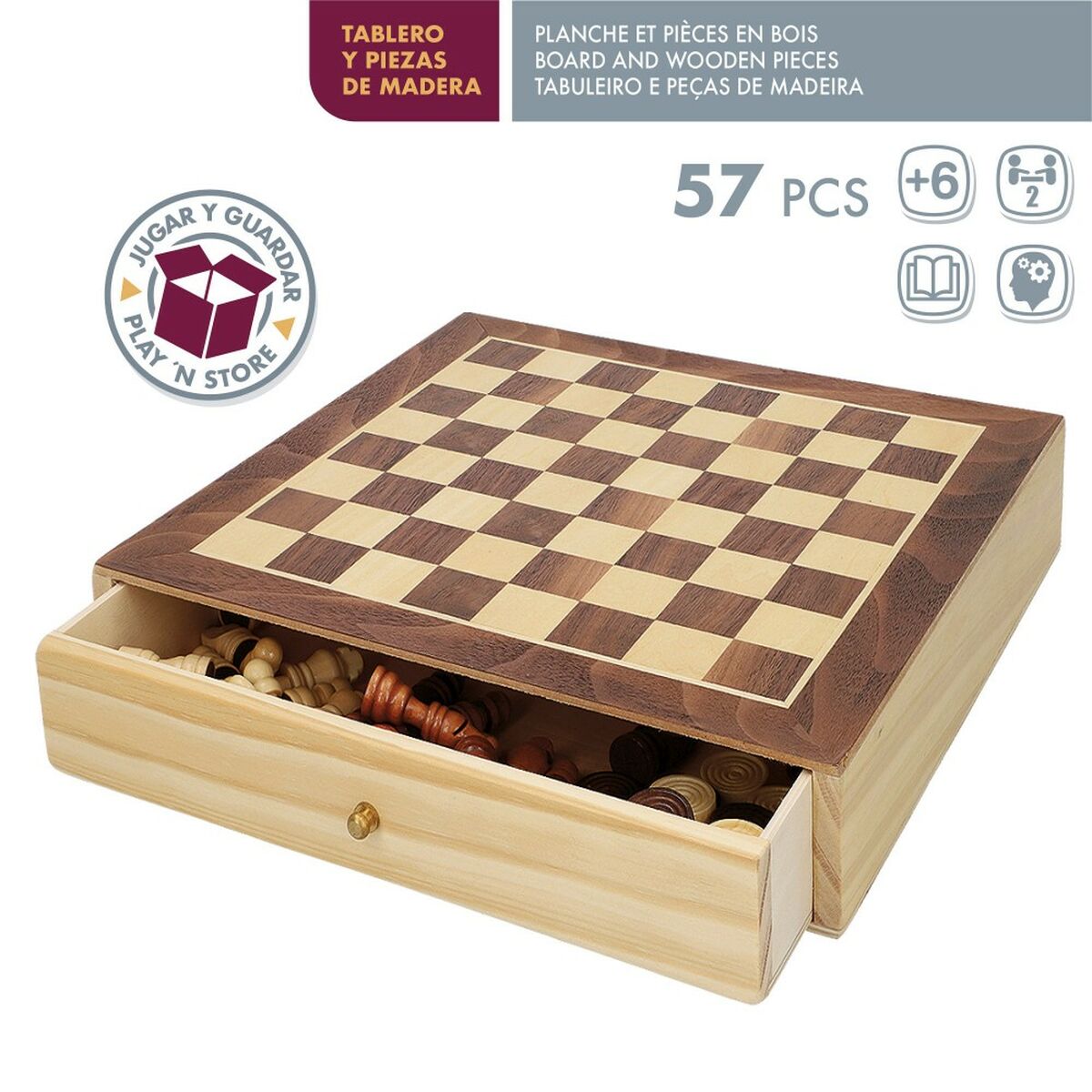 Schach- und Dame-Brett Colorbaby Schublade Holz (4 Stück)