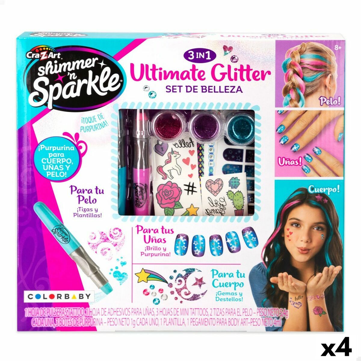 Beauty Kit Cra-Z-Art 2 x 13 x 2 cm Children's Nails Hair Body Glitter 4 Units