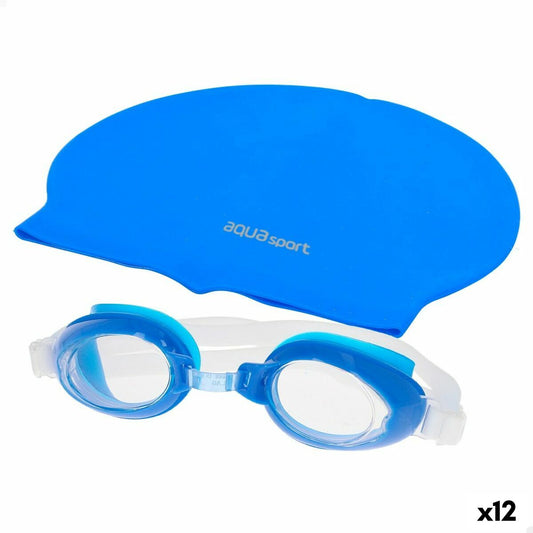 Bonnet et lunettes de bain AquaSport Bleu Enfant Plastique (12 Unités)